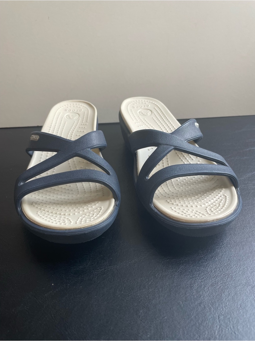 CROCS Women's Navy Crisscross Slide Wedge Sandals with Cream Footbed - Picture 2 of 8